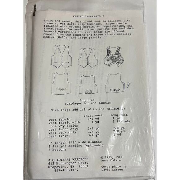 New A Quilters Wardrobe Vested Interests I #8007 Vest Patterns Small-Large - Picture 2 of 2